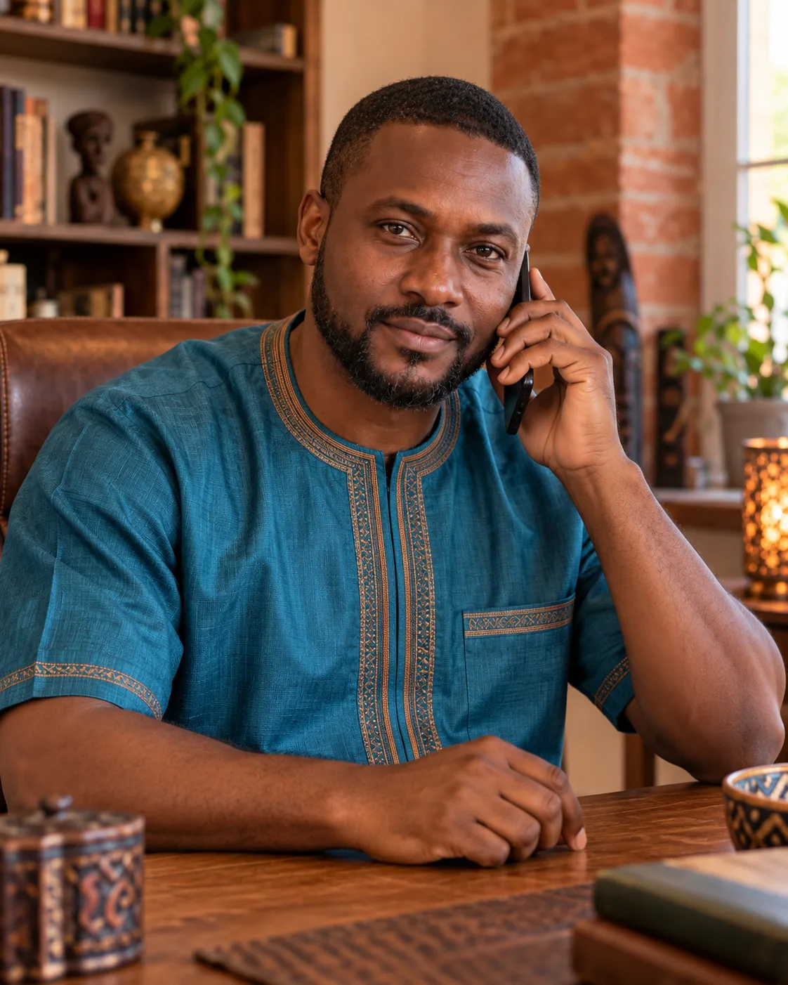 Maître Souley au téléphone dans son cabinet, en tunique bleu pétrole.