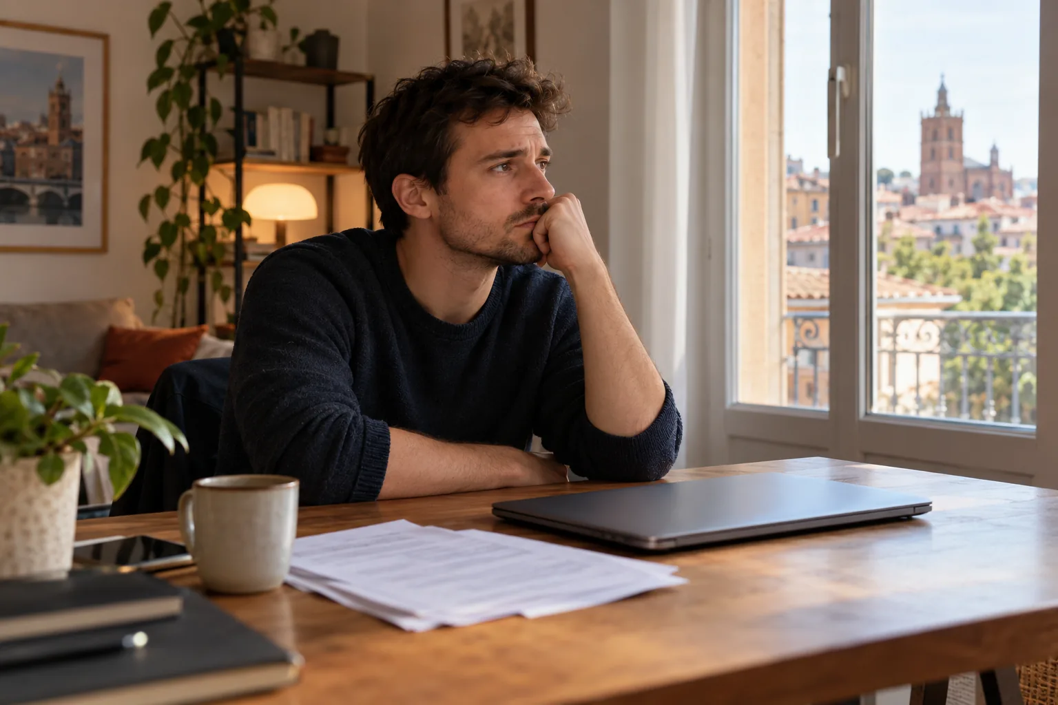 Un homme pensif à son bureau pendant une recherche d’emploi difficile.