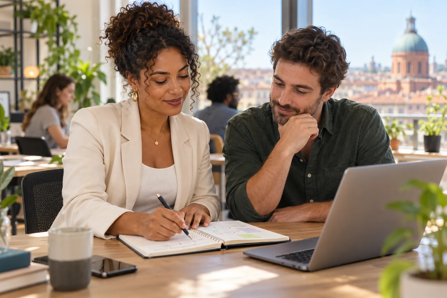 Deux professionnels préparent ensemble un plan de travail dans un espace partagé.