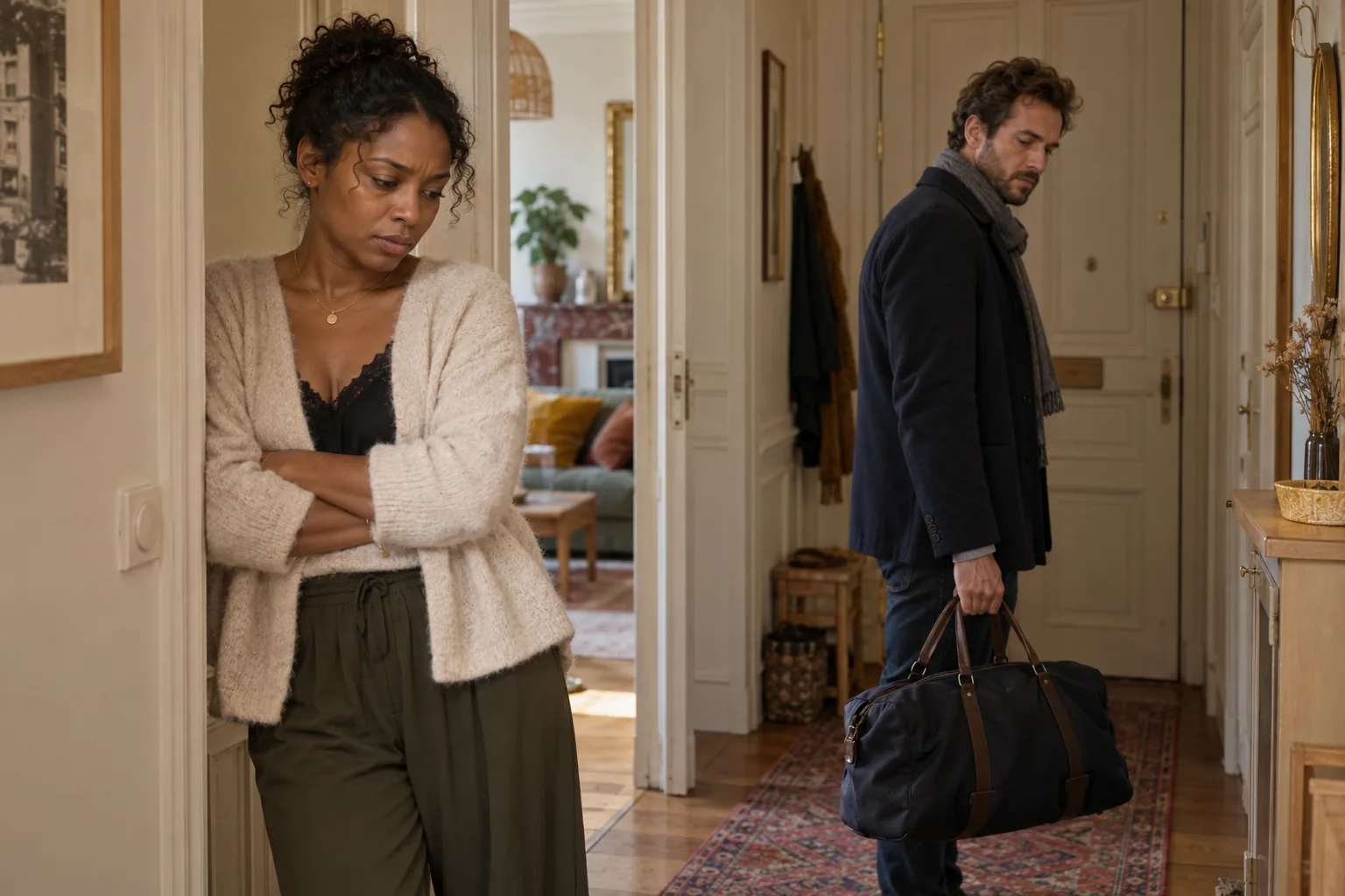 Un couple se sépare dans l’entrée de son appartement.